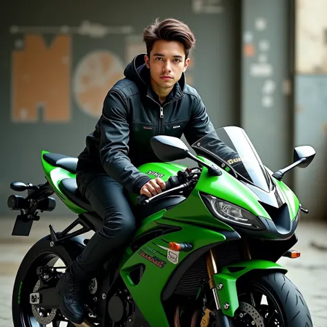 realistic handsome 17 yrs boy sitting on kawasaki ninja bike 