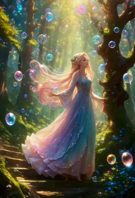 神奇fantasy世界中， lots of flying colorful soap bubbles in a magical fantasy world， Whimsical and magical atmosphere ，Dynamic Movement，Glowing soft lighting ， bright colors ， surreal clouds ，Pine Forest, nature, Sunset, Tyndall effect ，Soft Light，Volumetric Lig...