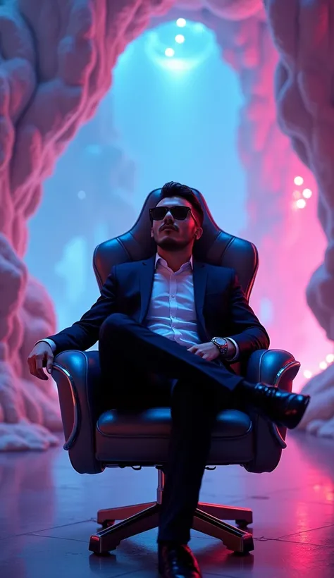 player , playing ,  fantastic setting, sitting, GAMER chair , surreal lights , Stylish,  stylish clothes , man