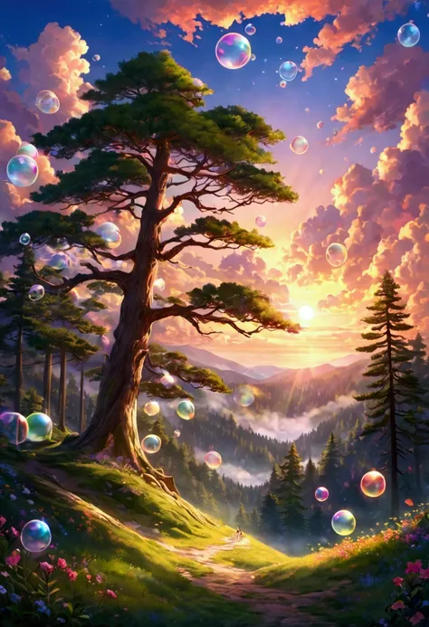 神奇fantasy世界中，Lots of flying colorful soap bubbles ， Whimsical and magical atmosphere ，Dynamic Movement，Glowing soft lighting ， bright colors ， surreal clouds ，Pine Forest, nature, Sunset, Tyndall effect ，Soft Light，Volumetric Lighting， bokeh ，fantasy， conc...