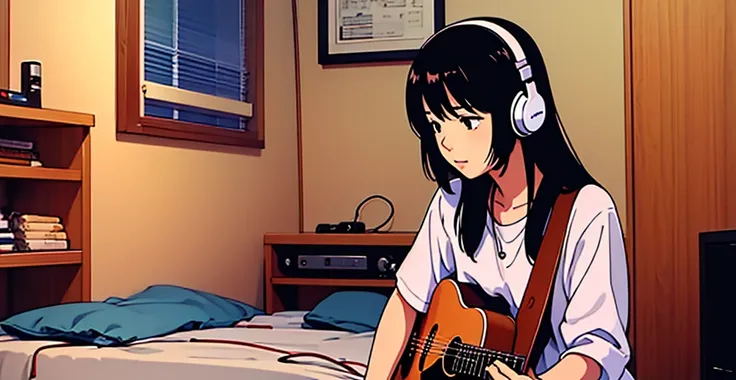 A girl wearing headphones is playing an acoustic guそれar in her room。窓の外, それ&#39;夏