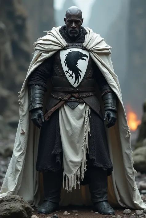 Warrior with black skin, with bald head and without beard, in blackened tattered chain armor with lightweight plate parts, white long coat of arms with a black raven , with white tattered cape, im Stil von Game-of-Thrones
