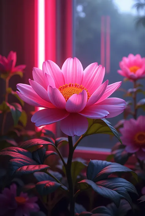 the flower bloomed in the garden in the evening and Pink neon light