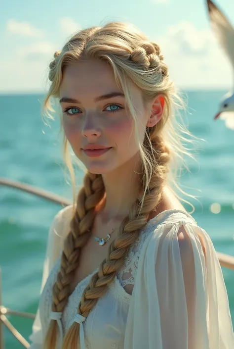 one girl comes out of the sea ,  Swan Princess from Russian mythology , Beautiful calm face,  blue eyes ,  blonde with long hair , braided into one braid, moon moon woven into hair at the back of the head,  white vintage Russian shiny clothes , She has a k...