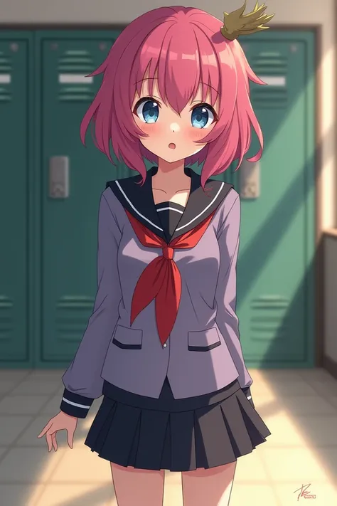 Anime girl standing in front of you in a shocking uniform at school 