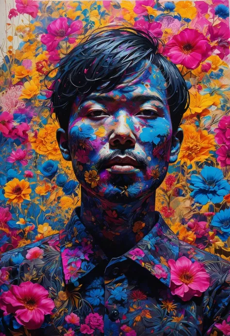 Vibrant artistic portrait, face dissolving into explosive floral patterns. Saturated colors like electric blue, magenta, and gold. Japanese ink painting meets pop art style. Black silhouette fragments emerging through colorful chaos. Mysterious, half-hidde...