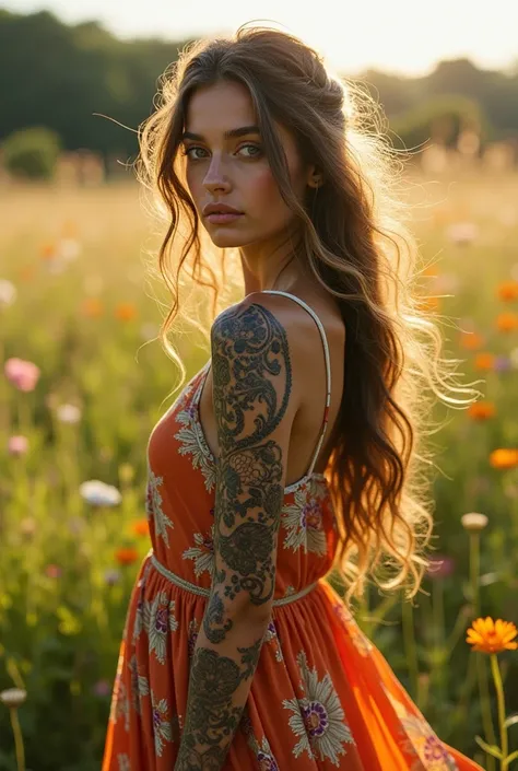 Bohemian Beauty	"A stunning bohemian girl with flowing floral dress, henna-style tattoos on arms and back, long wavy hair, sunlit meadow backdrop."