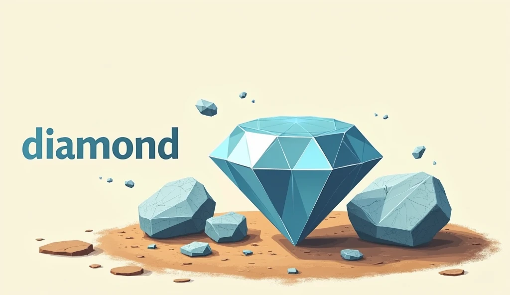 A realistic, detailed illustration showing one large diamond alongside two smaller diamond on an earthy, natural surface. The background is simple and light to keep the focus on the diamond, highlighting their textures and natural colors. The large diamon ...