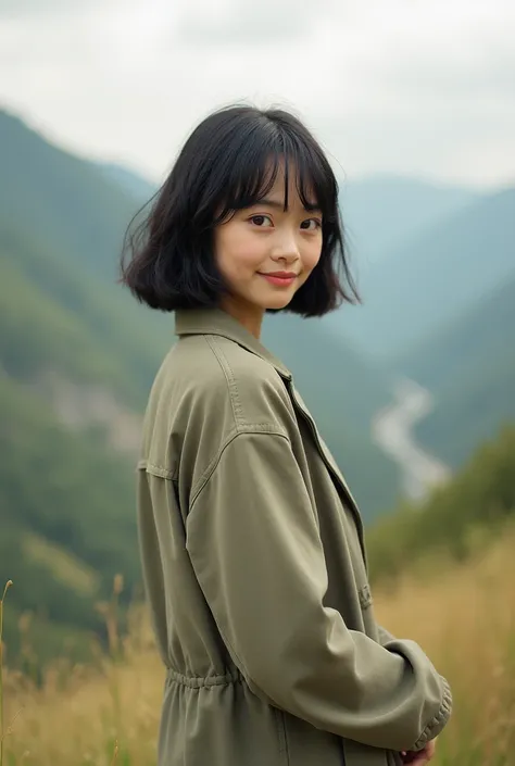 beautiful girl standing with beautiful vally in background, age 20, black short hair, waist shot, dynamic pose, smiling, dressed in fashion outfit, beautiful eyes, sweet makeup, 35mm lens, beautiful lighting, photorealistic, soft focus, kodak portra 800, 8...