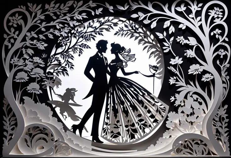 (Masterpiece, BestQuality:1.2),fusion of paper cutting and shadow puppetry, mix of monochrome and color, best quality, super fine, 16k, 2.5D, delicate and dynamic depiction, masquerade-ball for just two people,Magnificent Paper Cutout,