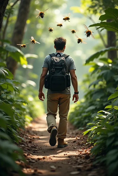 Create an adventurous man plain gray shirt ,  beige pants and brown boots with black tactical backpack in a tropical forest, On the path filled with dry leaves on the ground and stones ,  with a swarm of bees flying near a hive .