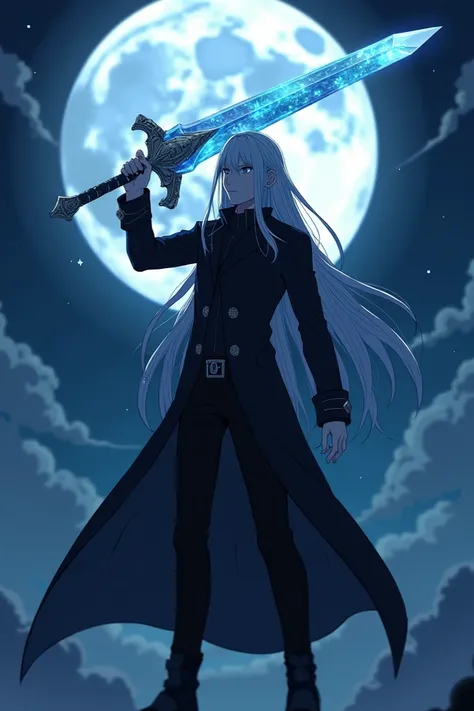 ((anime guy)) ((white skin)) ((gray long hair)) ((blue eres)) ((background nigth with full moon)) ((wearing a dark black coat)) (( using a colosal biggest crystal greatsword))