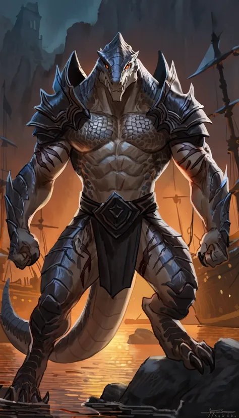 Muscular lizardfolk, solo, anthro lizard, detailed skin, strong, wearing demonic armor, metallic scales, scars on body, 1male solo, anthro, muscular, big muscles, small waist, thick tail, marked jaw, armor on legs, full body, comicbook style, night time, b...