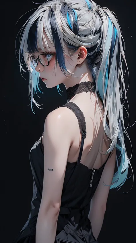  Movie poster featuring a young female zombie as the main character、 (Silver_hair, blue_hair,two-tone_hair:1.4)、( long hair :1.2)、(light blue eyes 1.3)Glare、 Her face has a fixed expression  ,Black lace camisole、( black simple background 1.4)、Rough, With d...