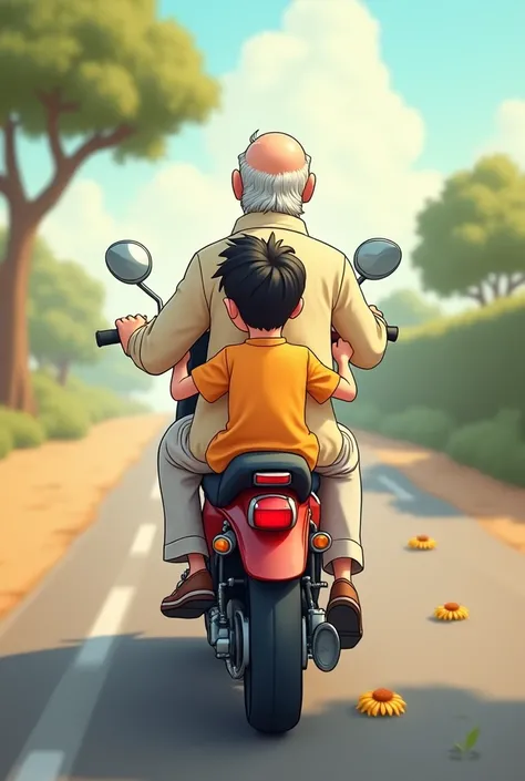 A 14 _year boy and old man in shalwar kameez  both are sitting on the motorbike backside view and gone backgrond road cartoon