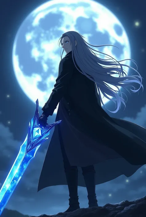 ((anime guy)) ((white skin)) ((gray long hair)) ((blue eres)) ((background nigth with full moon)) ((wearing a dark black coat)) (( using a colosal biggest crystal greatsword))