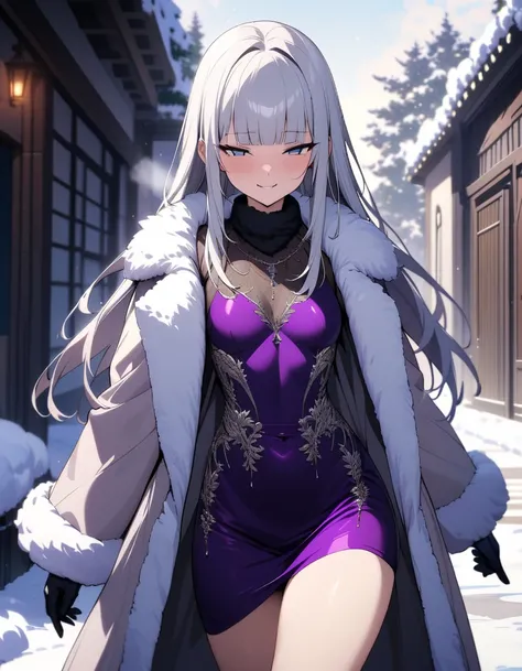 (masterpiece),(best quality),very aesthetic,(ultra-detailed),high saturation,nsfw,1girl,16yo,slender,long hair,silver hair,straight hair,(blunt bangs),dark blue alluring eyes,An elegant and sophisticated outfit perfect for a party, featuring a purple velve...