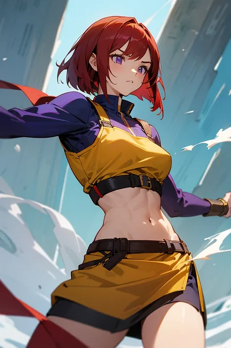 Anime-style scene showing female warrior that is ready to fight. She has very short, slightly wavy red hair in a bob cut and striking purple eyes. Her expression is calm and cold. She has a strong, athletic body that has a visible six-pack. She’s dressed i...