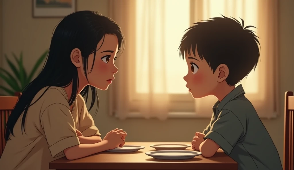 "Realistic, emotionally charged scene of a mother (Malie) and her  son (Kiat) sitting together at a dining table in a well-lit, cozy home. Malie, a warm Thai woman in her 30s, with long black hair, wearing a simple blouse, looks at her son with concern. Ki...