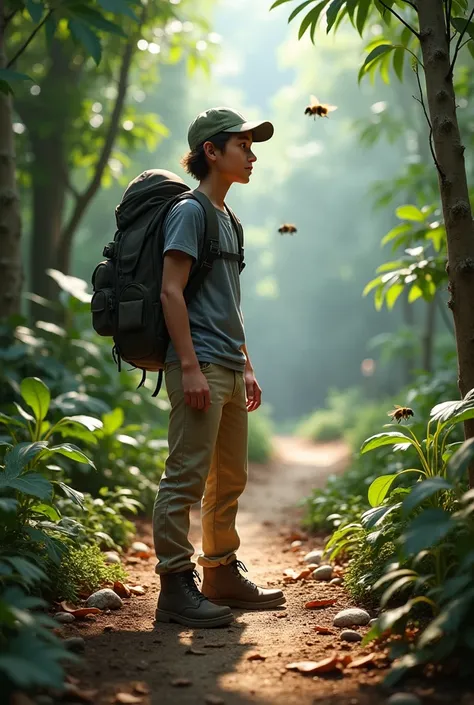  Create an adventurous young man plain gray shirt ,  beige pants , brown boots and olive green cap ,  with black tactical backpack in a rainforest, On the path filled with dry leaves on the ground and stones ,  with a swarm of bees flying near a hive .