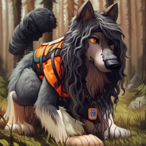 score_9, score_8_up, score_7_up, score_6_up,  a very extra long haired, anthro furry, wolf, wearing a search and rescue vest, forest, chain collar, rescue badge, sniffing the ground, crouching, long snout, long wavy hair 