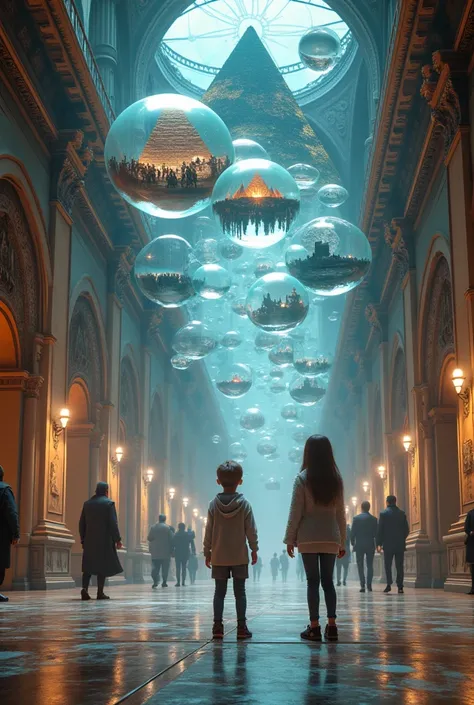 historical various moments trapped in transparent bubbles, ancient pyramid floating in one bubble, medieval knights and robots of the future in another bubble, boy and girl looking up at those bubbles, in the magical museum, highly detailed, intricate, pho...