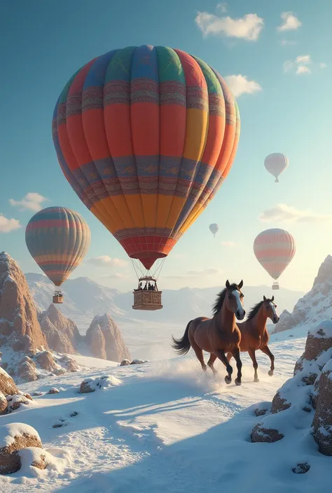 View of hot air balloons and running horses inside the balloon in Cappadocia snow