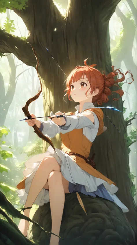 1 girl, (cute face), 18 years old, to many hairstyle, blush, Gazing into the distance, small breasts, wearing fantasy game style archer costume, (knee length), Holding a weapon, Bow that shoots arrows,  Drawing a bow and aiming,, sitting on a tree branch, ...