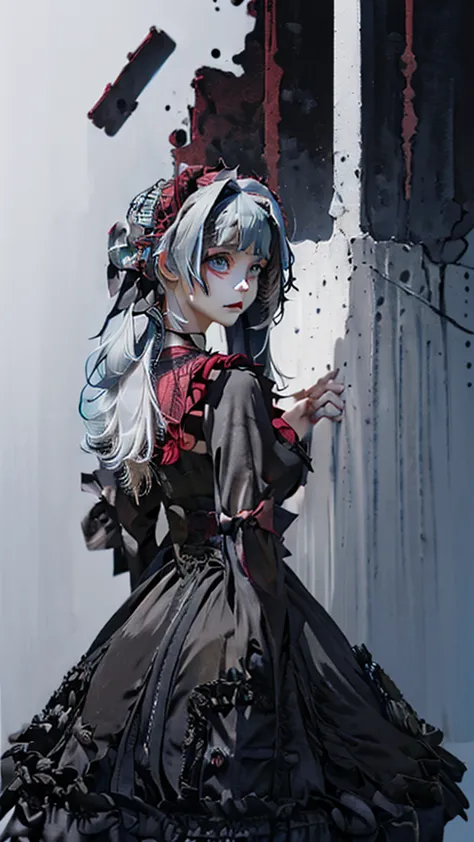 movie poster featuring a young female zombie as the protagonist、 (silver_hair, blue_hair,two-tone_hair:1.4)、( long hair :1.2)、(l...