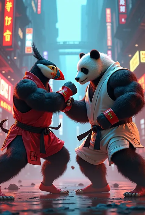 Street fighter puffin bird vs. panda bear 