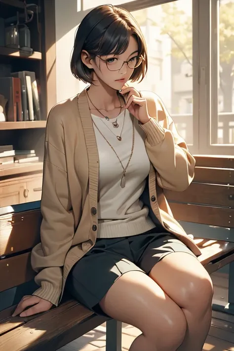 (( best quality)), ((傑 best quality、masterpiece、High sensitivity、 high definition 、 Details、 Delicate Facial Description)), Slender woman、Glasses、 cardigan、 hotpants、 sitting on the bench、