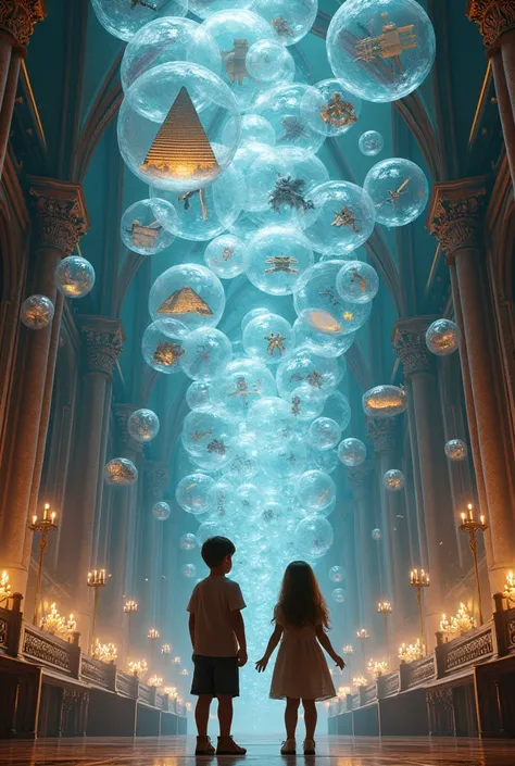 historical various moments trapped in transparent 10000 bubbles, ancient pyramid floating in one bubble, medieval knights and robots of the future in another bubble, boy and girl looking up at those bubbles, in the magical museum, highly detailed, intricat...