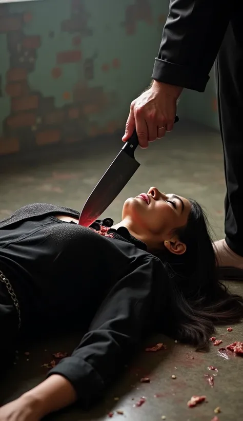 Pakistani Woman down on her side on the floor,Butcher holding Large knife on womans stretched out Throat,Halal meat,Black traditional shirt buttons open of woman,womans Hands behind back,Blade ready to cut,Throat Exposed,Accurate,Large breasts,Overexposure...