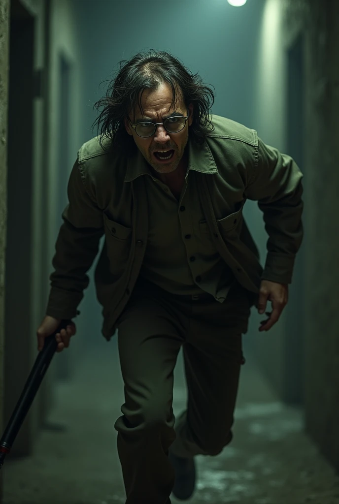 Frightened man with long hair and round glasses running with a shotgun