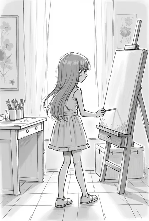 sketch of girl painting viewed from back