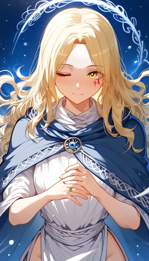 close-up head ,  looks at the , realistic digital painting portrait of a female human, 3r1nm0r1art72,  cute smile with blush, ( wavy hair:1.1), ( blonde hair :1.3), 魔法の黄色の宇宙, white magic cloth armour with yellow engrave in intricate details, (Abstract, bac...