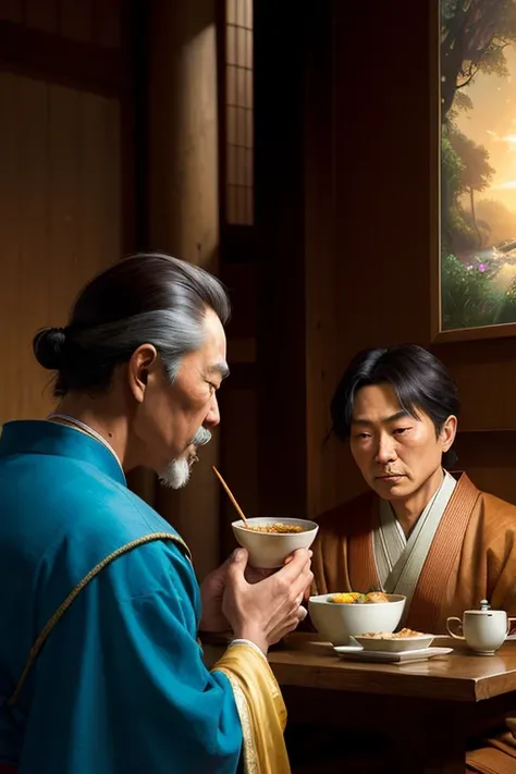 (photorealism:1.2), Insanely detailed digital painting of an old samurai sharing his ramen with a  samurai by Yoshitaka Amano, dark fantasy art by Hayao Miyazaki and Osmar Schindler, art nouveau by Alphonse Mucha, romanticism, depth of field, Unreal Engine...