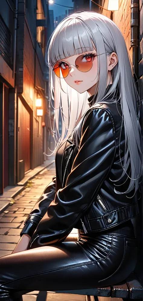 Ultra high resolution, rich colors, perfect image, best quality, detailed image, beautiful single woman, glowing skin, texture of skin and clothes, delicate eyes, night, back alley, high neck shirt, leather jacket, leather pants, sitting on bench, leaning ...