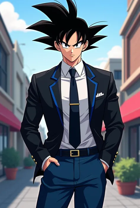 Goku in a black jacket with a black tie with blue borders and with a white shirt and with jeans style dbs cartoon 