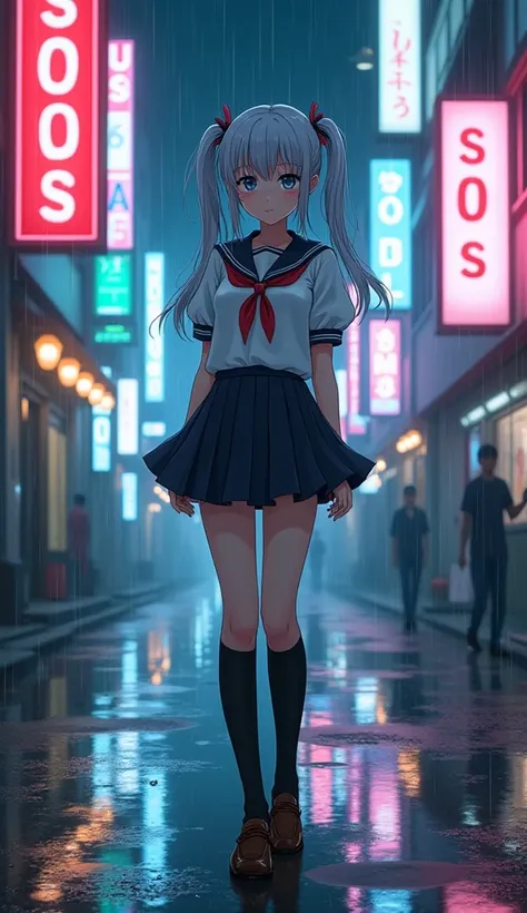 masterpiece,  best quality,  high definition ,  Very detailed,((( pretty girl with gray hair who has decided to pose))), ((( Japanese anime))), ((( sailor suit ))), ((( pleated skirt))), ((( black high socks))), ((( brown loafers))), ((( in the streets of ...