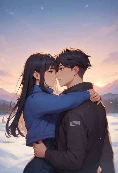 A male with black hair and cyan eyes wearing a black puff jacket hugging a female with blue long hair and brown eyes wearing a blue jacket and purple sweater on a snowy field during sunset