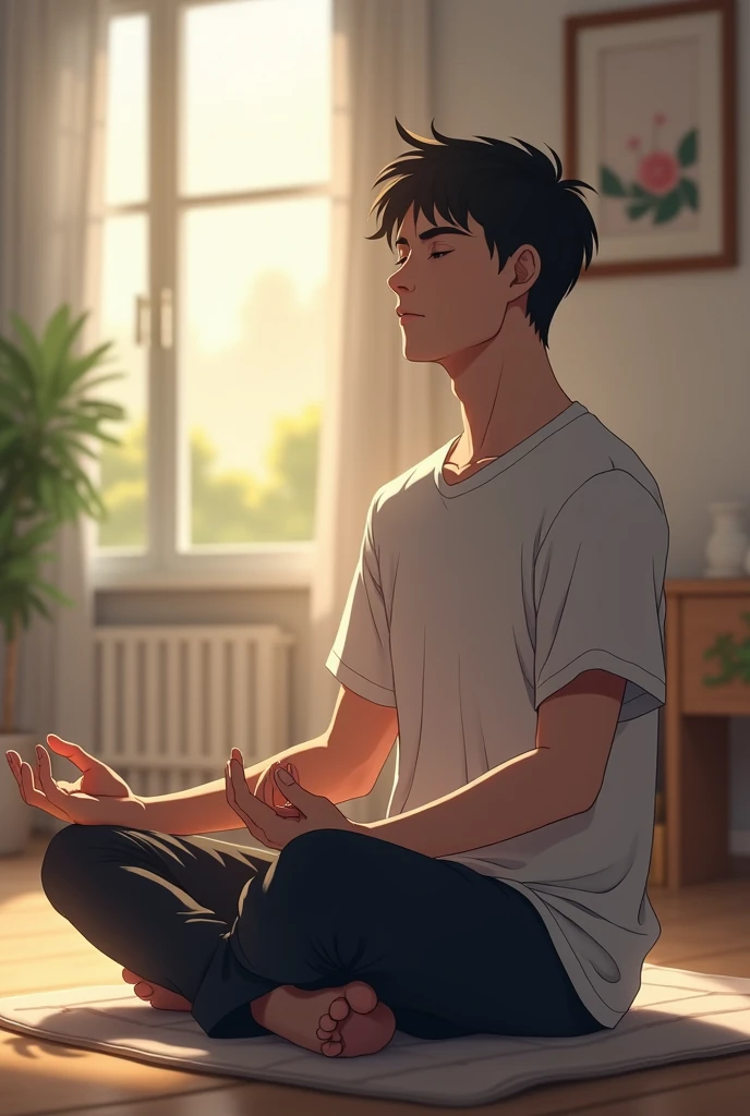 A man practice meditationsomething in home  . Anime pic look realistic