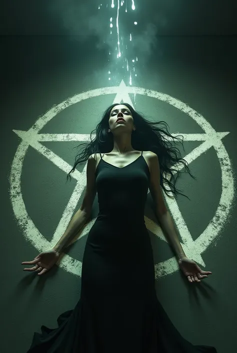 long black-haired woman sacrificed in the middle of the pentagram ,  his lying body floating and give the effect of the light of his soul coming out through his open mouth. draw from the upper side corner 