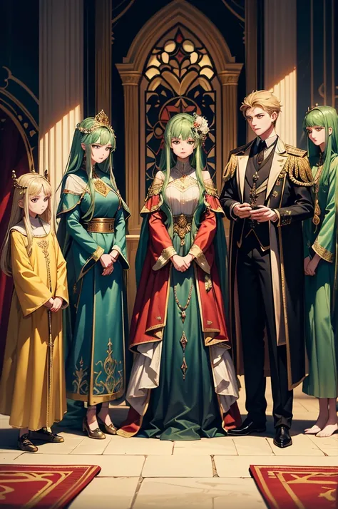 An ornate throne room with golden accents and tall stained-glass windows. Four members of the royal family are present. The king with short blonde hair holds a spear and stands confidently behind the group, next to the elegant queen with long dark blue hai...