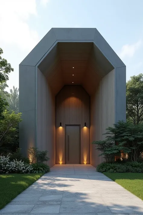 Design of the entrance to the villa in the form of a hexagonal volume, each side of which is a wall