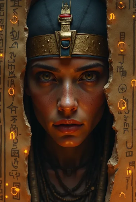 Close up face, Portrait, realism. Inside the Great Pyramid of Giza, ancient papyrus, its mysterious inscriptions glowing with enigmatic energy. 