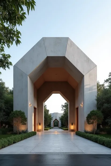 Design of the entrance to the villa in the form of a hexagonal volume, each side of which is a wall