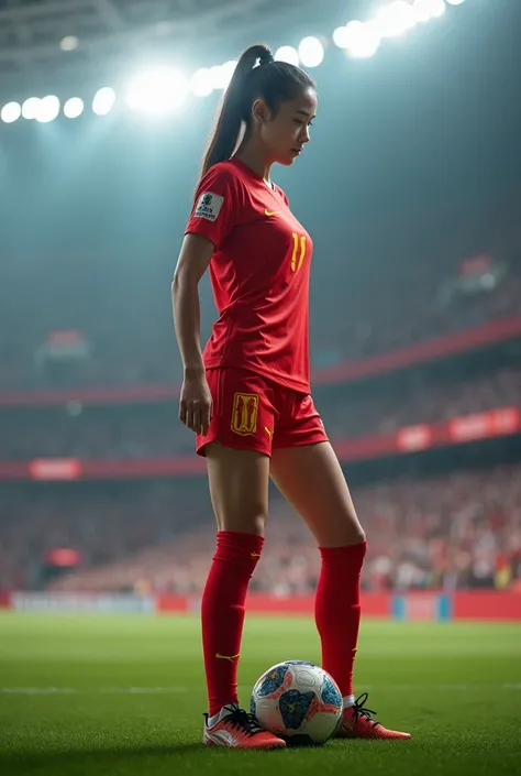 China: A female footballer standing in a stadium in China, wearing a red sports top and mini shorts with gold accents. The player is focused and ready to kick the ball, with a bustling crowd in the background. The scene captures the grandeur of the stadium...