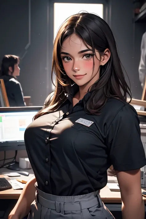  absurd determination ,  high definition , (masterpiece: 1.4),  super detailed,  dark-haired young woman dressed as a technician,  blushing and excited expression ,  I see 