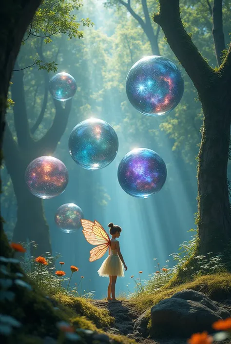 (1girl,fairy,colorful fairies,fantasy forest,large rainbow bubbles,bubbles expanding with universes,highly detailed,intricate,cinematic,digital art,concept art,dramatic lighting,vivid colors,masterpiece,award winning,hyper realistic,photorealistic,4k,8k)